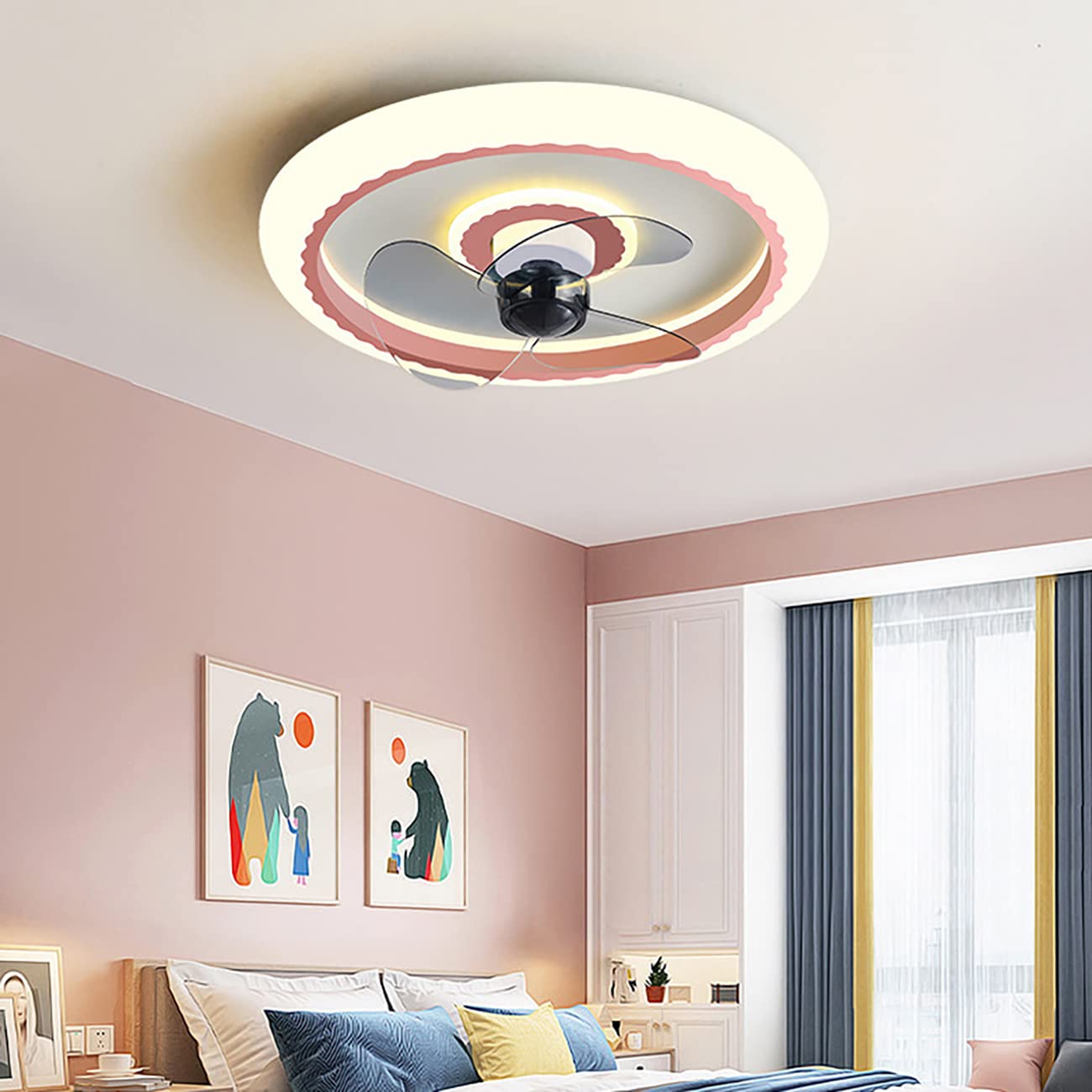 RAVIGAFans with Ceiling Lights for Bedroom 3 Speed Kids Silent Fan with Remote Control and App Led Dimmable Ceiling Lights with Timer for Living Room Dining Room Fan Lighting/Pink