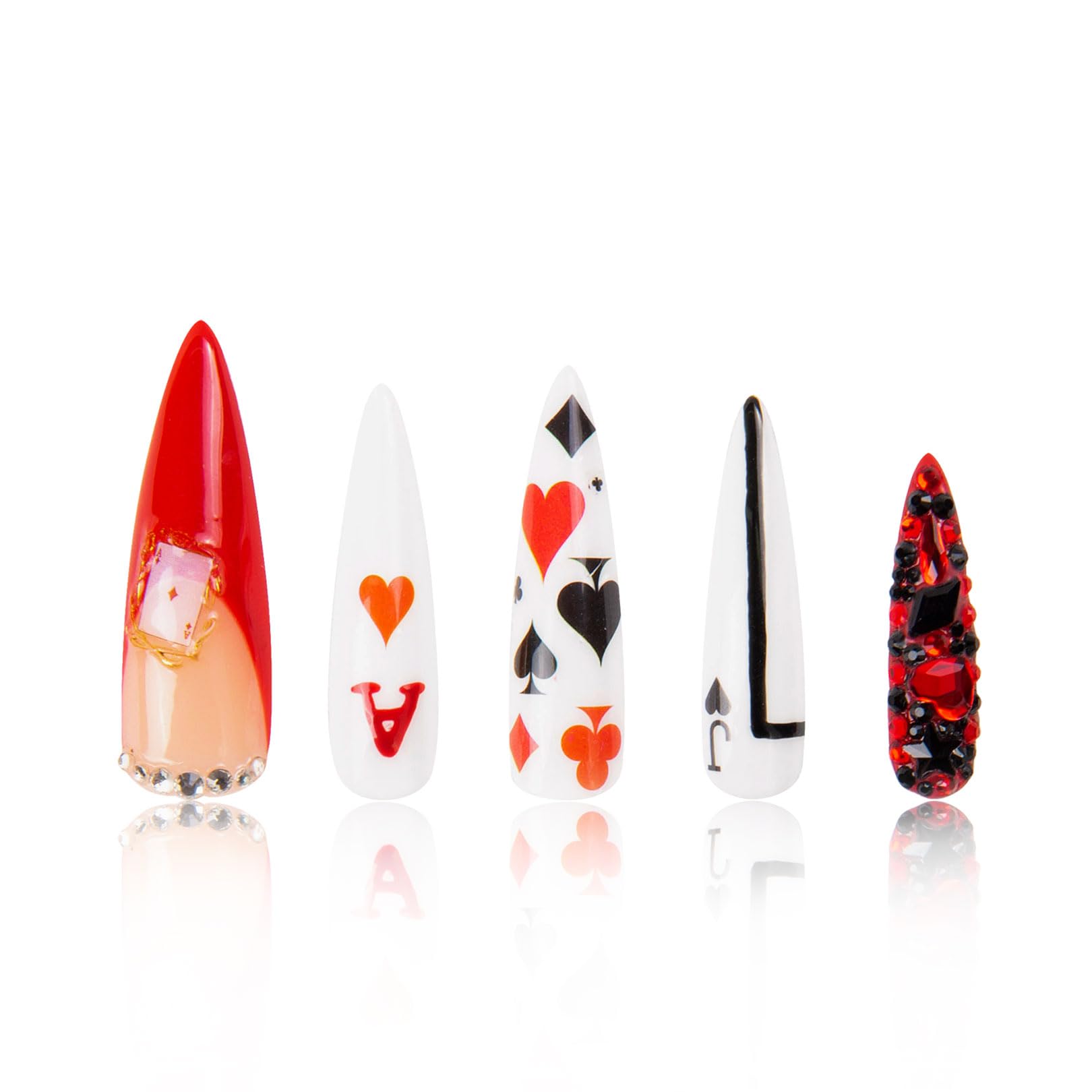 LOVFUL Press on Nails Poker Queen | Handmade with Full Covered Crystals | Reusable Fake Nails | Stiletto Mid Length 1.7 in | H102-M