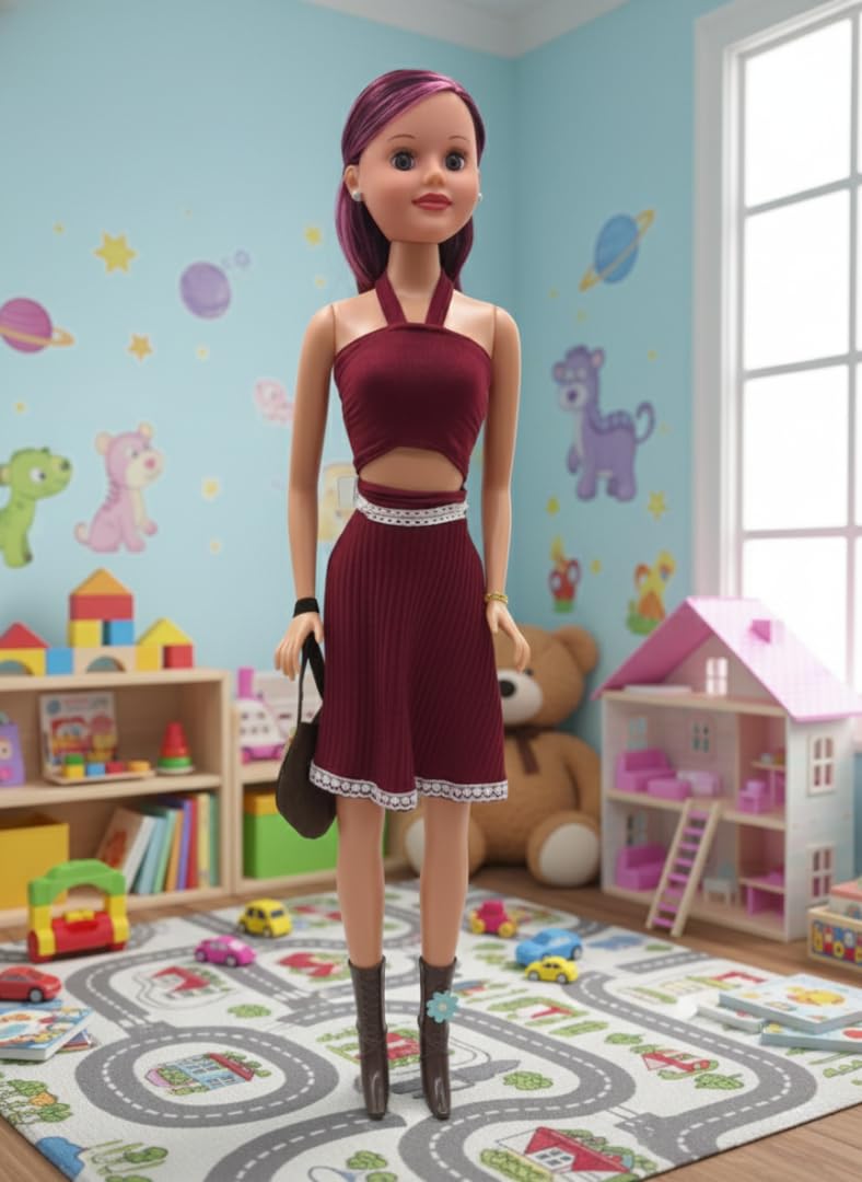 TAPANIYA ENTERPRISE Miss World Collection: Premium 24 inch Fashion Doll with Maroon Halter Dress and Purple Streaked Hair β Includes Trendy Brown Boots & Matching Purse for Kids 3