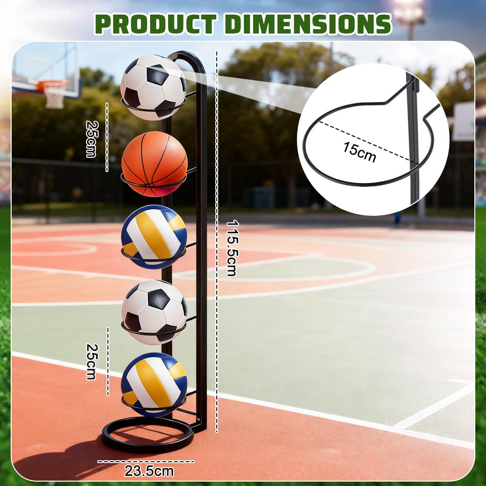 Rangement Ballon 5 Niveaux, Porte Ballon sur Pieds Métal 115.5 × 23.5 cm, Noir