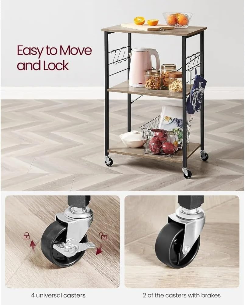 Storage Trolley Kitchen Cart with 3 Shelves, for Mini Oven, Toaster, with 6 Hooks, Industrial Style, Greige, 15.7 x 23. 35 Inches Shelving Organizer