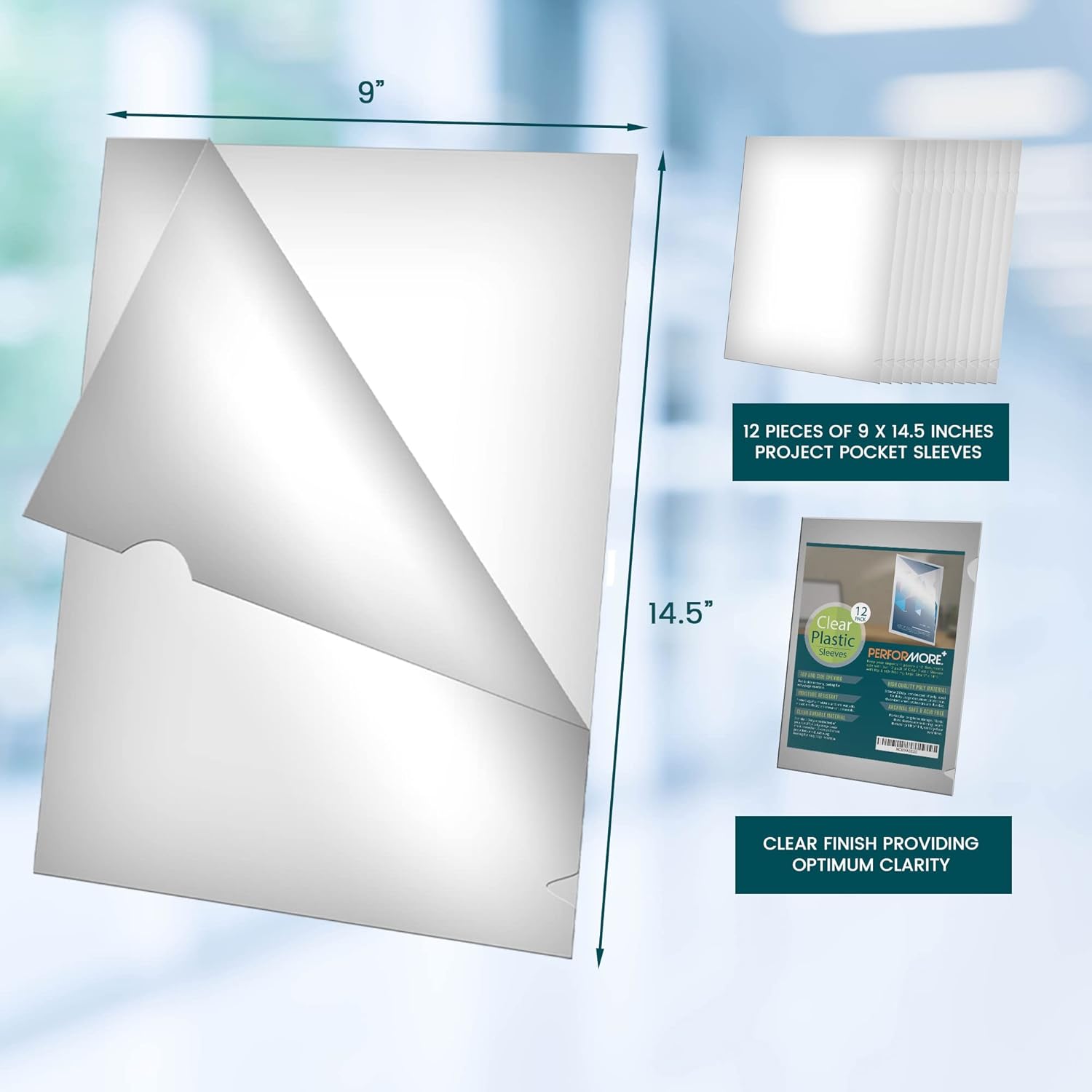 Performore 12 Pack of Clear Project Pocket Sleeves, 9" X 14.5" Legal Size Transparent Plastic Folder Protectors for Documents, Files and Papers, Premium Quality