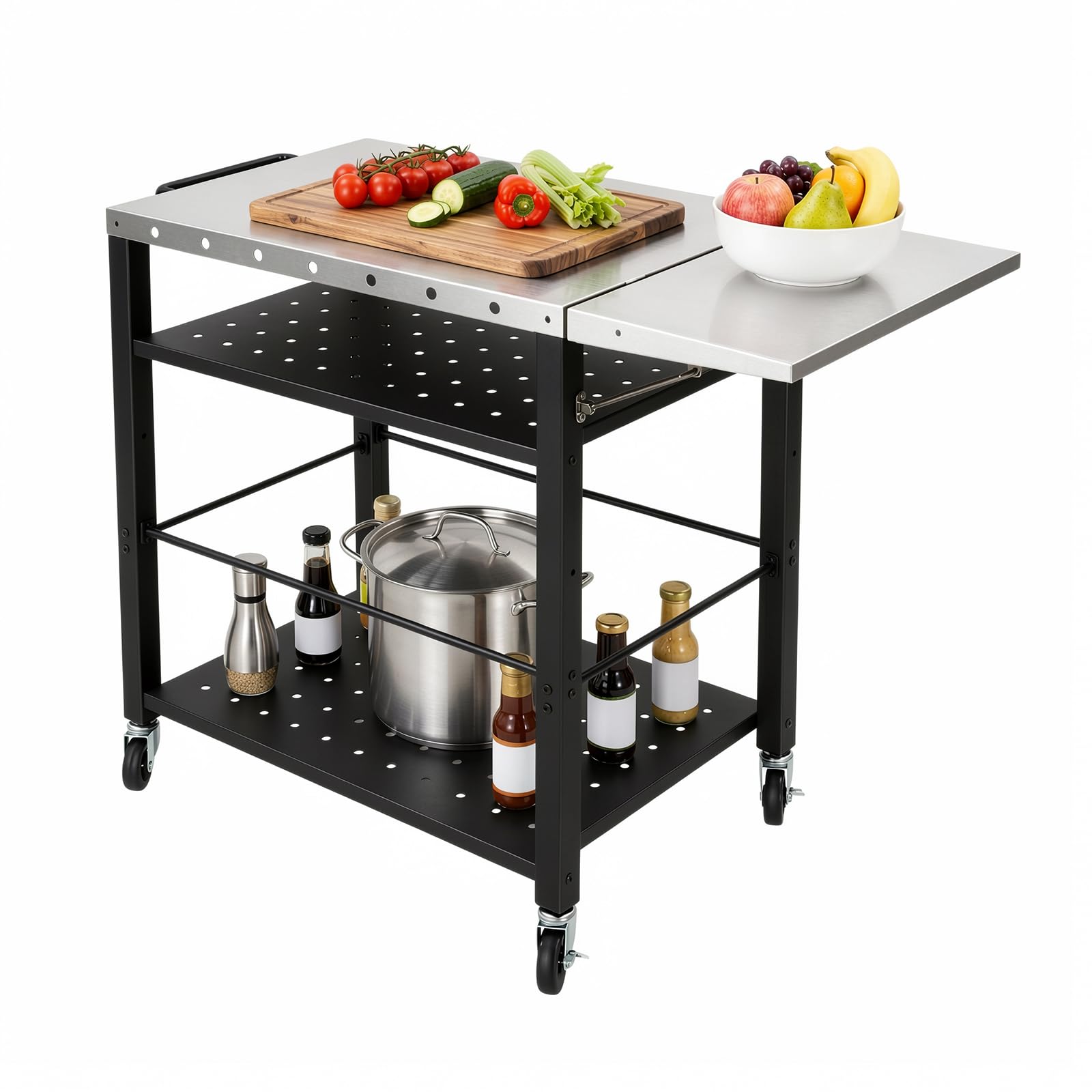 Table de barbecue mobile, 80 x 50 x 79,3 cm, chariot de barbecue d'extérieur avec 4 roues, chariot de service à 4 étages en acier inoxydable et polypropylène, étagère à étagères, table