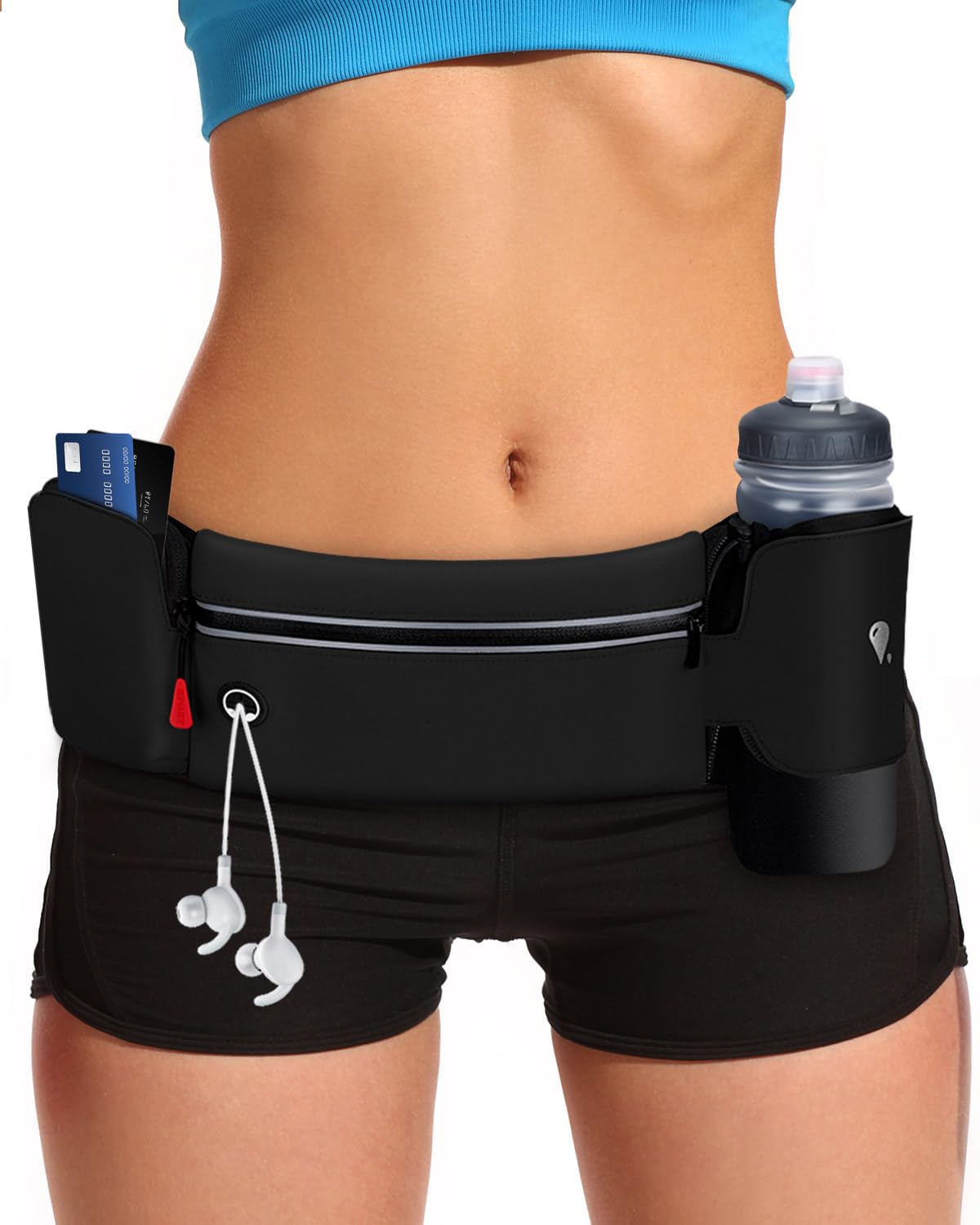 Marsupio Running,Marsupio Sportivo con Portabottiglie,Marsupio Corsa Impermeabile Regolabile,Marsupio Porta Cellulare con Strisce Riflettenti foro per Cuffie,Adatto per l'allenamento all'aperto,Nero
