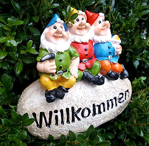 LB H&F Gartenzwerge Dekofigur lustige Zwerge WILLKOMMEN Gartendeko Figur - wetterfest - frostsicher Gartenzwergeset Außenbereich (Stein)