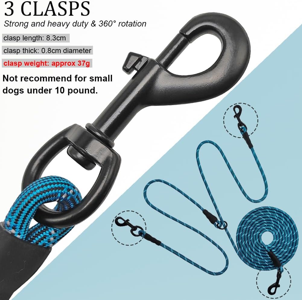 BTINESFUL 12FT 20FT 30FT 50FT Reflective Dog Tie Out for 2 Dogs, No Tangle 50ft by 1/3 Inch Nylon Rope Long Tether for Two Dogs, Dog Trolley Runner for Yard Outdoor Camping (Blue)