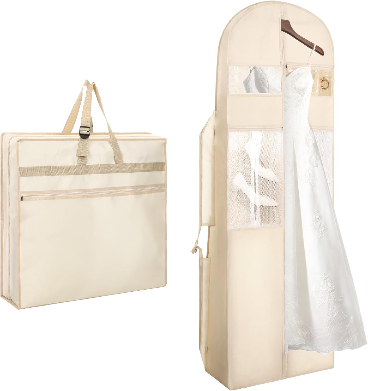 Wedding Dress Garment Bag, 72” Tri-fold Bridal Gown Bags with 6pcs Pouches for Long Gowns and Adjustable Buckle Gown Cover for Wedding, Evening Gowns, Travel, Closet Storage, Prom, Beige