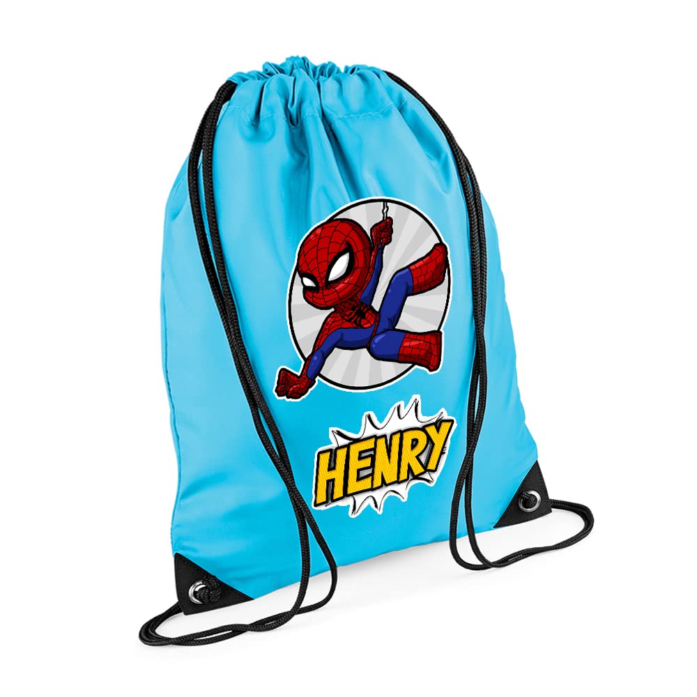 Superhero Bag, Personalised Backpack, Gift For Kids, Boy, Cartton Character Bag, Birthday, Christmas Drawstring Bag, PE Gym Kit Swimming, Sport Rucksack. (Surf Blue)