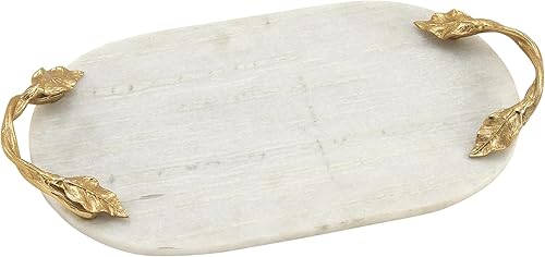 Deco 79 Bandeja ovalada de mármol con asas de hojas trenzadas doradas, 20 x 10 x 2 pulgadas, color blanco
