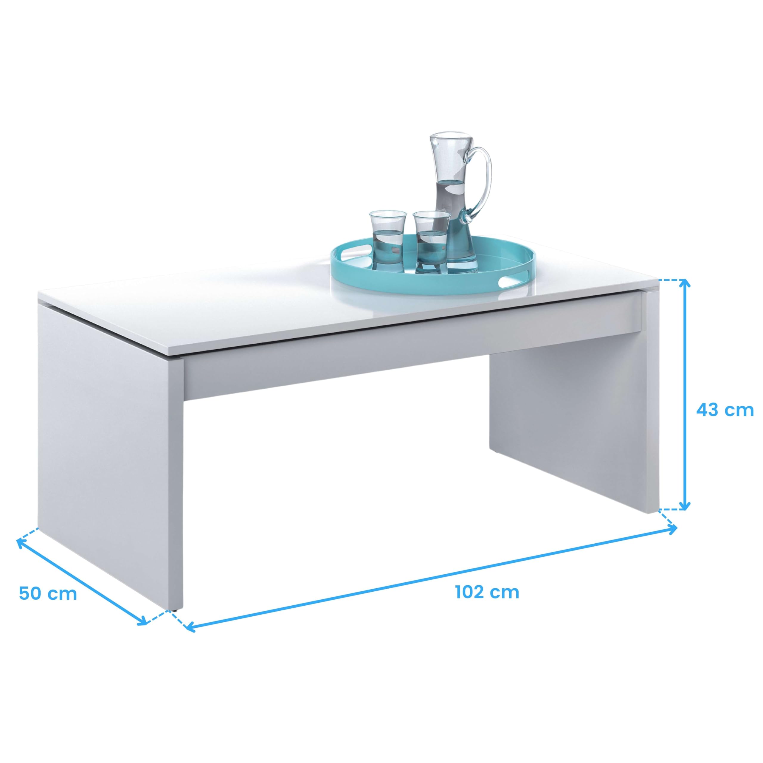 Habitdesign – Mesa de Centro Elevable, Mesa Auxiliar para Salón Comedor, Color Blanco Brillo, 102x43-54x50 cm - Modelo Zenit