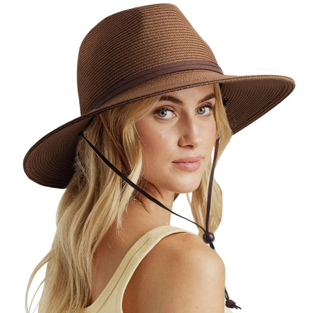 DRESHOW Women Straw Panama Hat Fedora Adjustable Summer Wide Brim Beach Sun Hat with Wind Lanyard UPF 50+