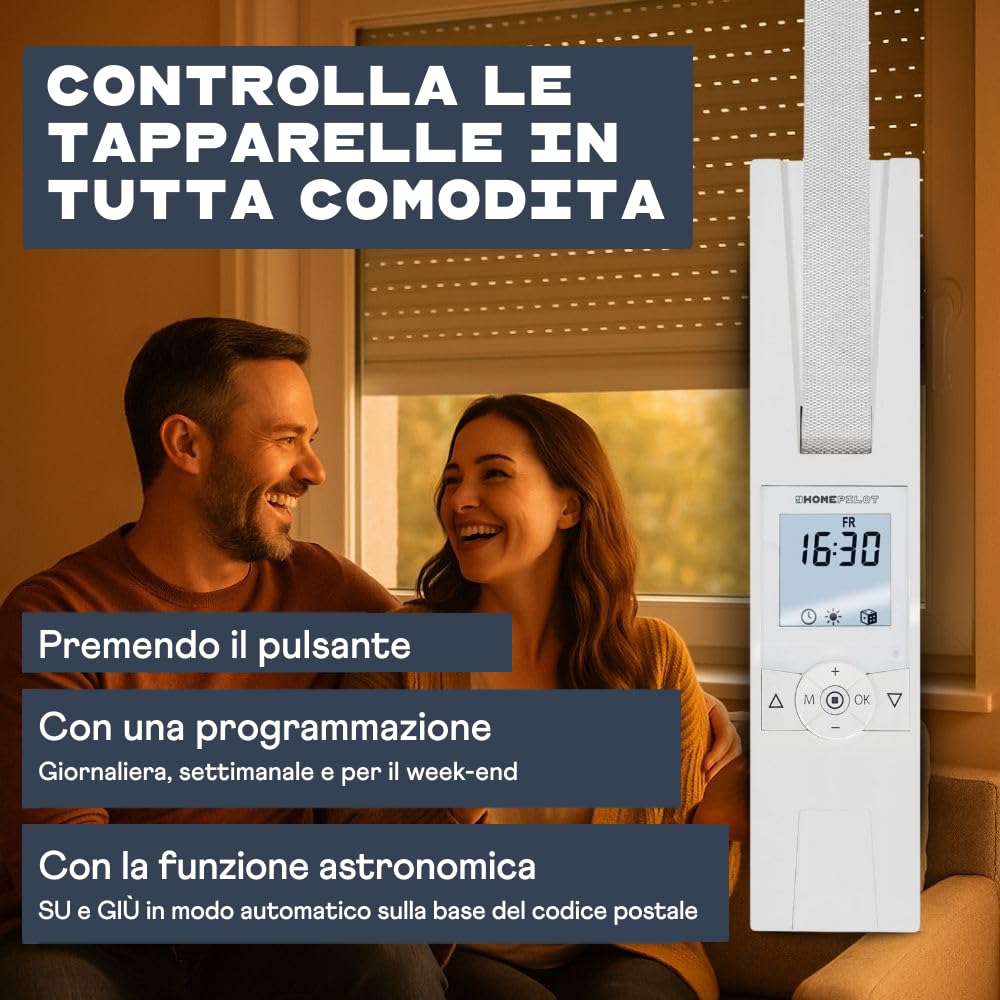HOMEPILOT avvolgitore elettrico RolloTron premium power per tapparelle fino 60 kg (circa 10 m²), per cinghia da 23 mm, Programma giornaliero/settimanale/astro, funzione casuale, Made in Germany