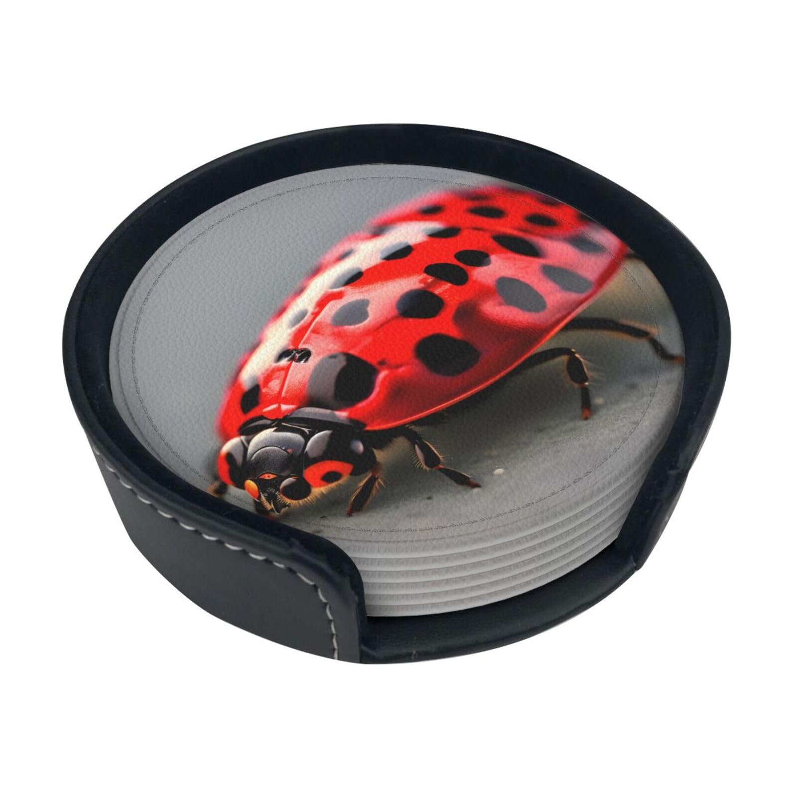 Red Ladybug Print Round Coasters Set Of 6,Coaster For Tabletop Protection Home Bar Decor