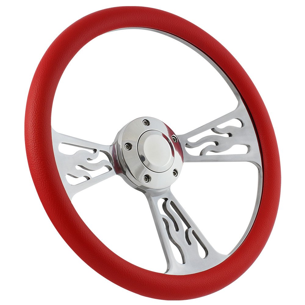 Flame Boat Steering Wheel 14 Inch Aluminum With Red Vinyl Half Wrap, Horn, and Installation Adapter