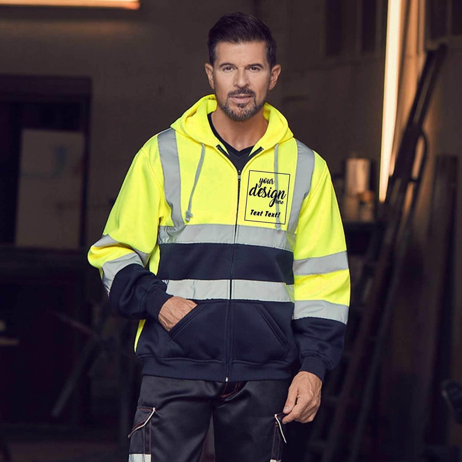 Custom Reflective Safety Jacket Fleece High Visibility Hoodie Customized Personalized Logo Zip Up Work Sweatshirt - Image 2