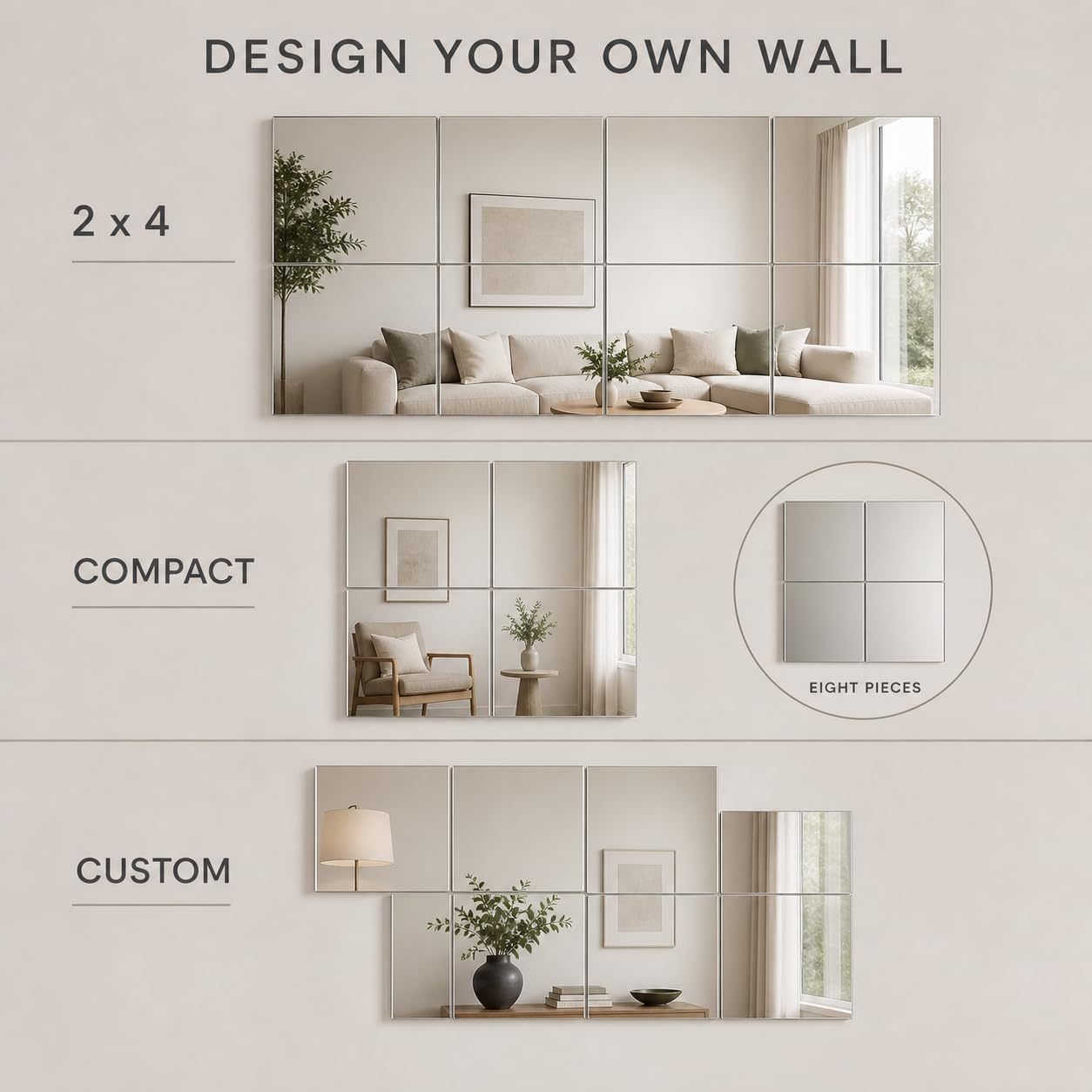 Azulejos de espejo de vidrio para pared de 12 x 12 pulgadas, sin marco, espejo de cuerpo completo montado en la pared, espejos de cuerpo completo para dormitorio, hogar, gimnasio, puerta, baño
