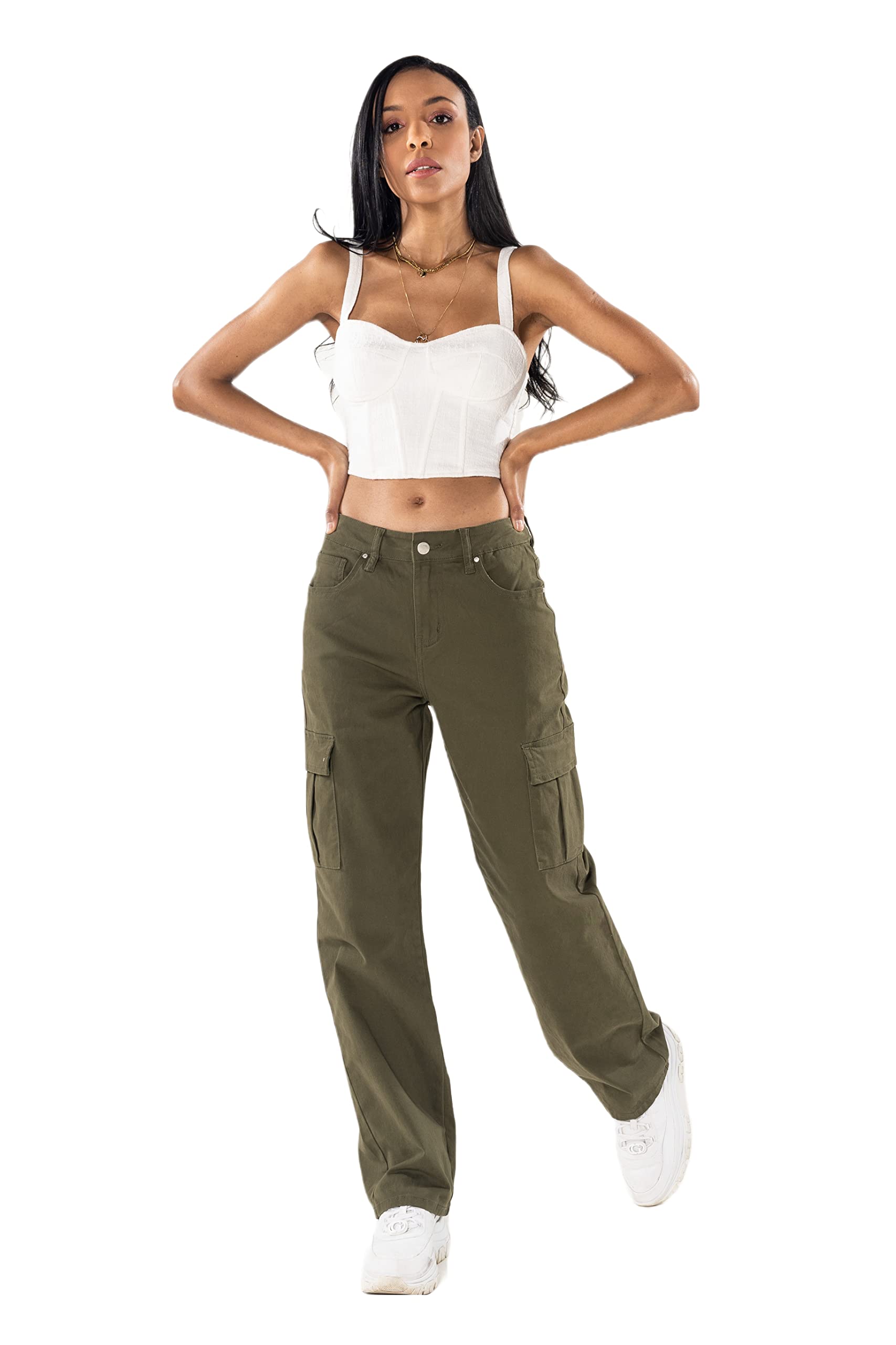 Nina Carter Q1885 Jean cargo stretch pour femme Taille haute Coupe droite