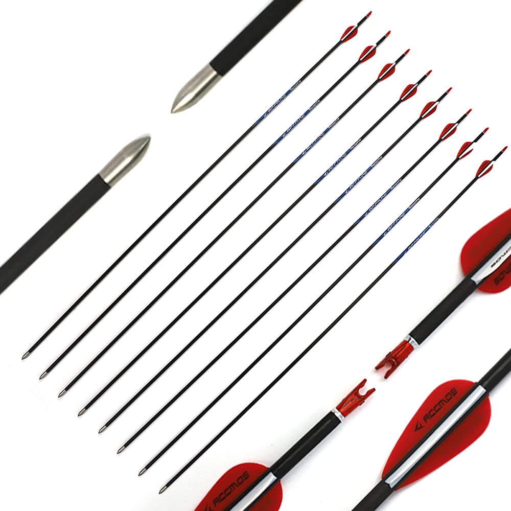 Diamètre Intérieur 4.2mm .165" Longueur Personnalisée Flèche Carbone 22-32 Pouces Spine 900 pour Entraînement Chasse avec Encoche Rotative pour Arc à Poulies et Arc Classique Adulte Jeunesse 12pcs