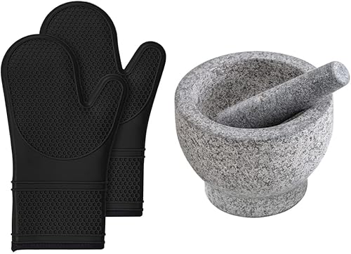 Gorilla Grip Juego de guantes de horno de silicona y juego de mortero y mortero, los guantes de horno negros son resistentes al calor, la capacidad