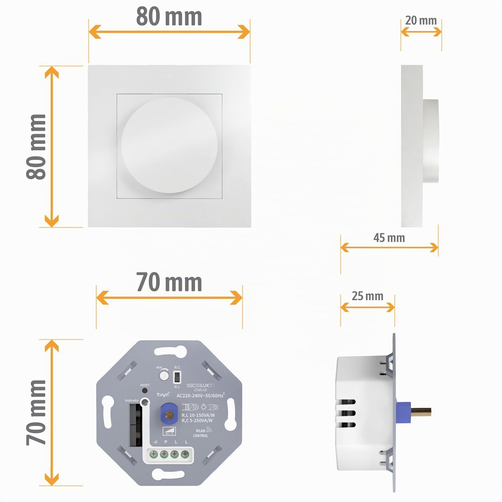SSC-LUXon Zenalux Smart WiFi Variateur d'intensité rotatif LED avec couvercle – Variateur universel encastré compatible avec Alexa, Google Home et Tuya Smart Life