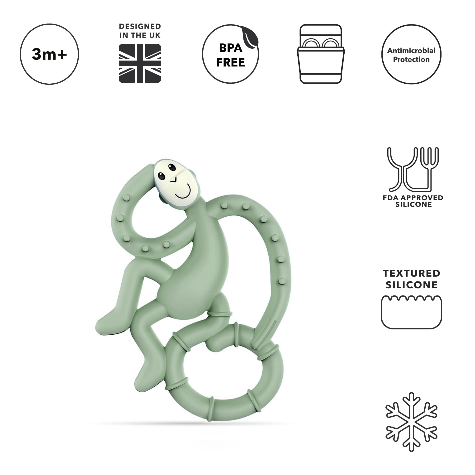 Matchstick Monkey, Antimicrobial Silicone Teether, Easy to Grip, BPA Free, 3 Months Old Plus, 10 cm, Mint Green Mini Monkey - Image 2