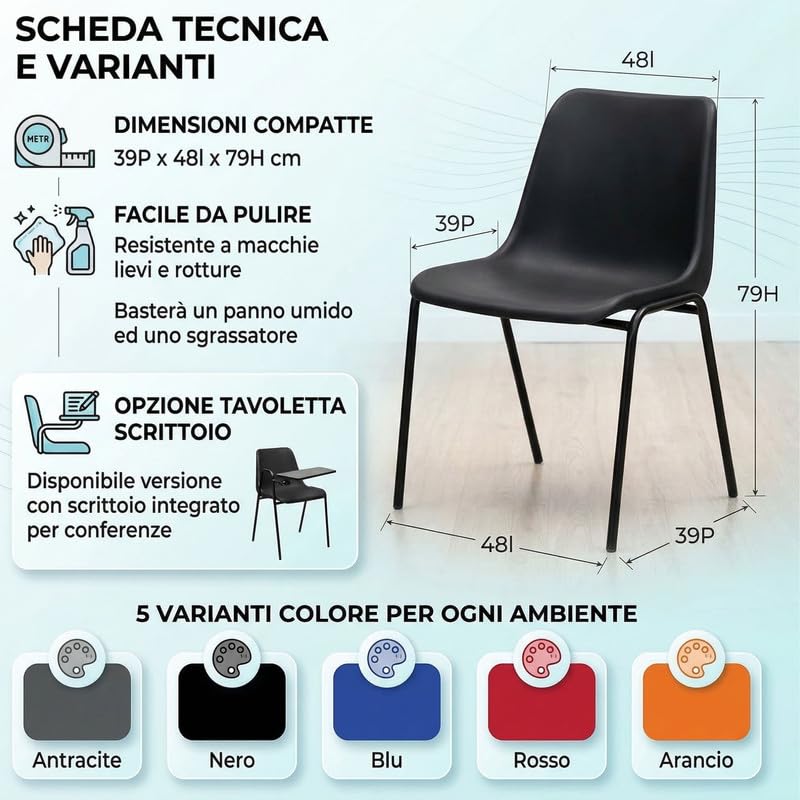 Sedia Ufficio Ergonomica Senza Ruote E Senza Braccioli – Comoda, Robusta E Made In Italy, Ideale Per Scrivanie, Sale D'attesa E Riunioni