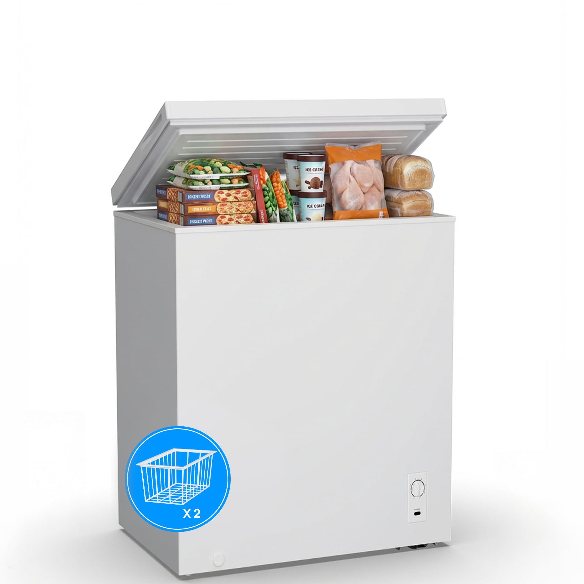 2.05 Cu.Ft Chest Freezer,Small Compact Deep Freezer with Adjustable 7 Thermostat,2 Removable Baskets, Energy Saving, Quiet Top Open Door Mini Meat Freezer with LED Light for Garage Outdoor Home Office