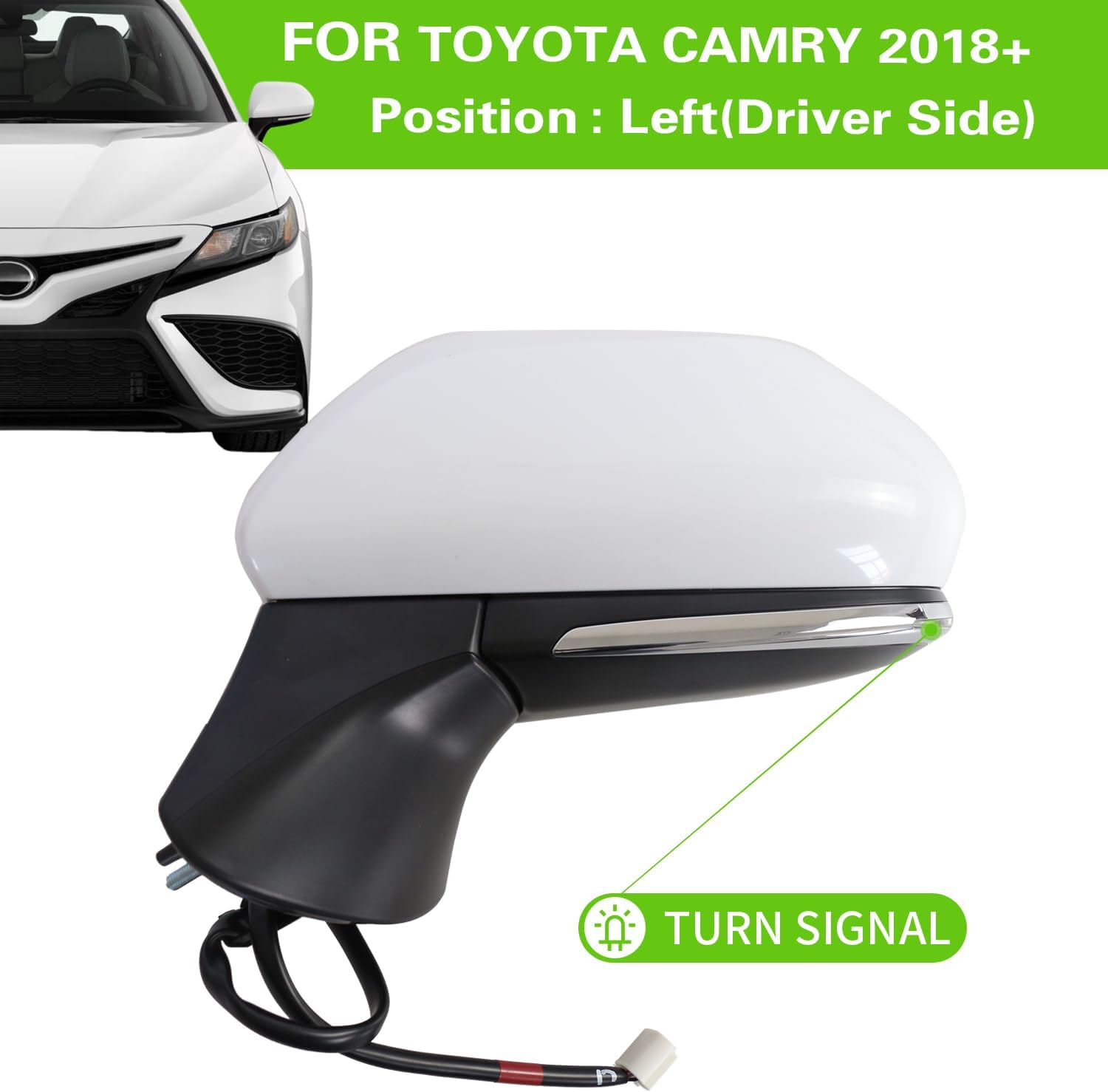 Side Mirror for Toyota Camry 2018 2019 2020 2021 2022 2023 2024 Power+Lamp+Heat+Blind Spot Monitor-7Pins, Left Driver Side,replace for Partslink # TO1320368, White LH