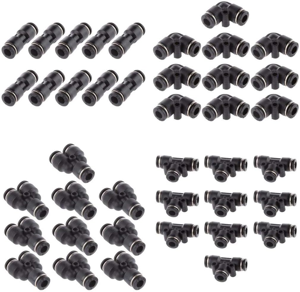 ALAVENTE40 Pcs 1/4” Push to Connect Air Fittings 6mm Pneumatic Fittings Kit Air Line Quick Fittings, Inlcude 10 Spliters + 10 Elbows + 10 Tee + 10 Straight Tubes