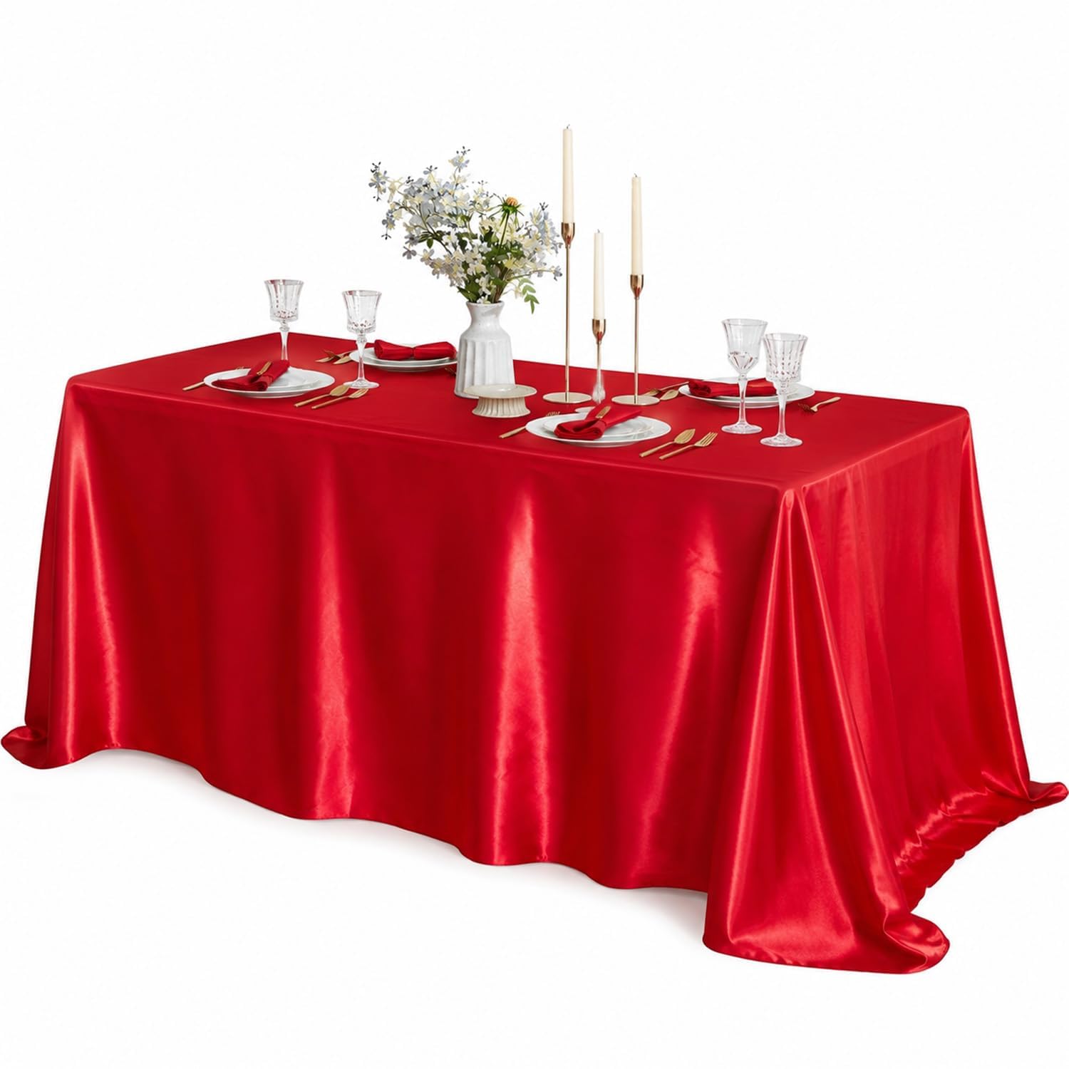 Red Rectangular Table Cloth, Large Polyester Satin Christmas Table Cloth
