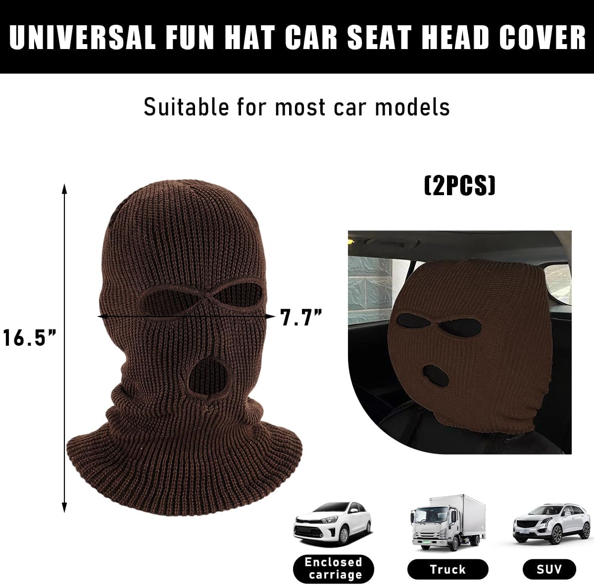 2 PCS Car Headrest Cover, Personalized Funny Car Seat Full Face Mask, Ski Mask Wrap Protection for Auto Front Seat Rest Decoration, Universal Interior Car Accessories (Coffee) image 2