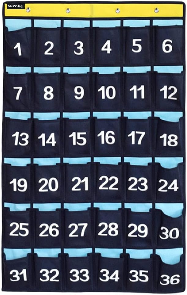 Numbered Classroom Cell Phone Holder Storage Calculator Organizer Over Door Hanging School Pocket Chart with 36 Pockets (Numbered Pockets)