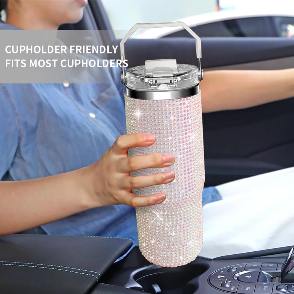 30oz Bling Rhinestone Studded Tumbler with Top Handle, Bling Cups Stainless Steel Water Bottle Diamond Glitter Tumbler for Women - Birthday Gifts for Women, Mom,Get Well Soon Gifts (Pearl)