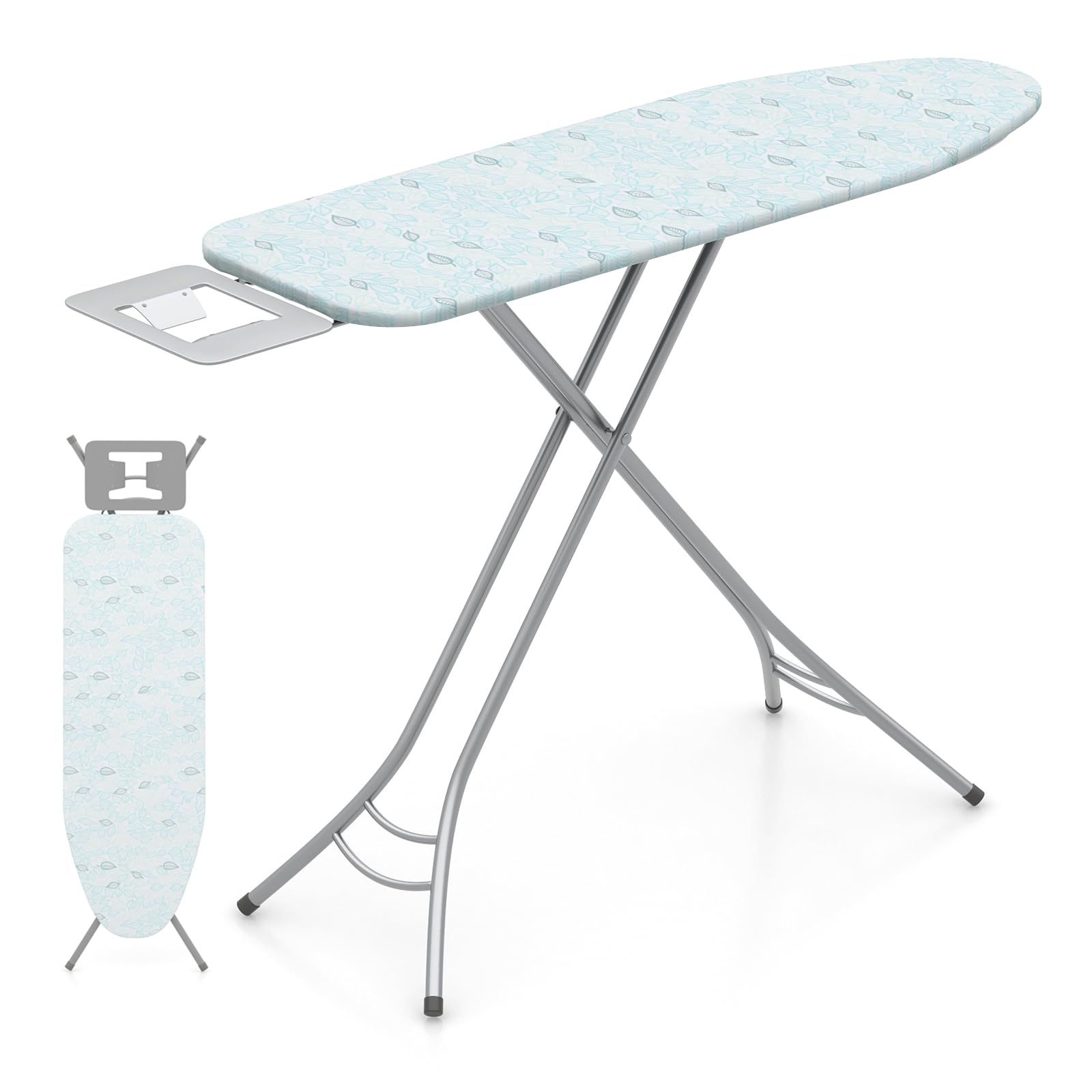 COSTWAY Ironing Board Full Size, Foldable Iron Table w/Iron Rest, Height Adjustable, Removable Cover, Heavy-Duty Metal, Compact and Space Saver Iron Board for Living Room, Laundry (Turquoise Leaves)