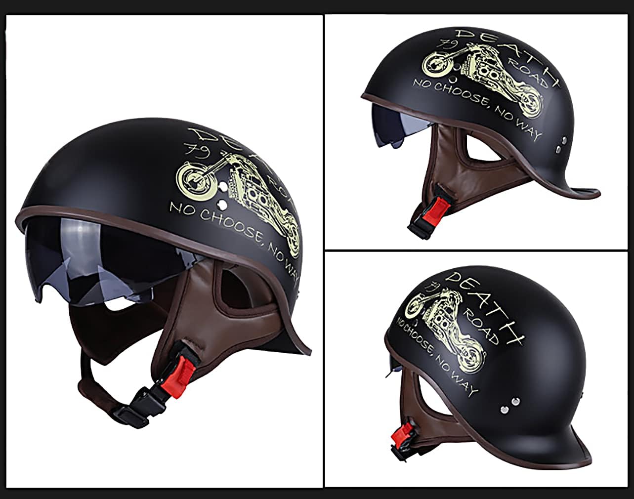 Hanhua Adult Motorcycle Half Helmet DOT Approved for Men Women - German Style With UV Visor for Scooter Moped Cruiser - Skull Cap Vintage Design