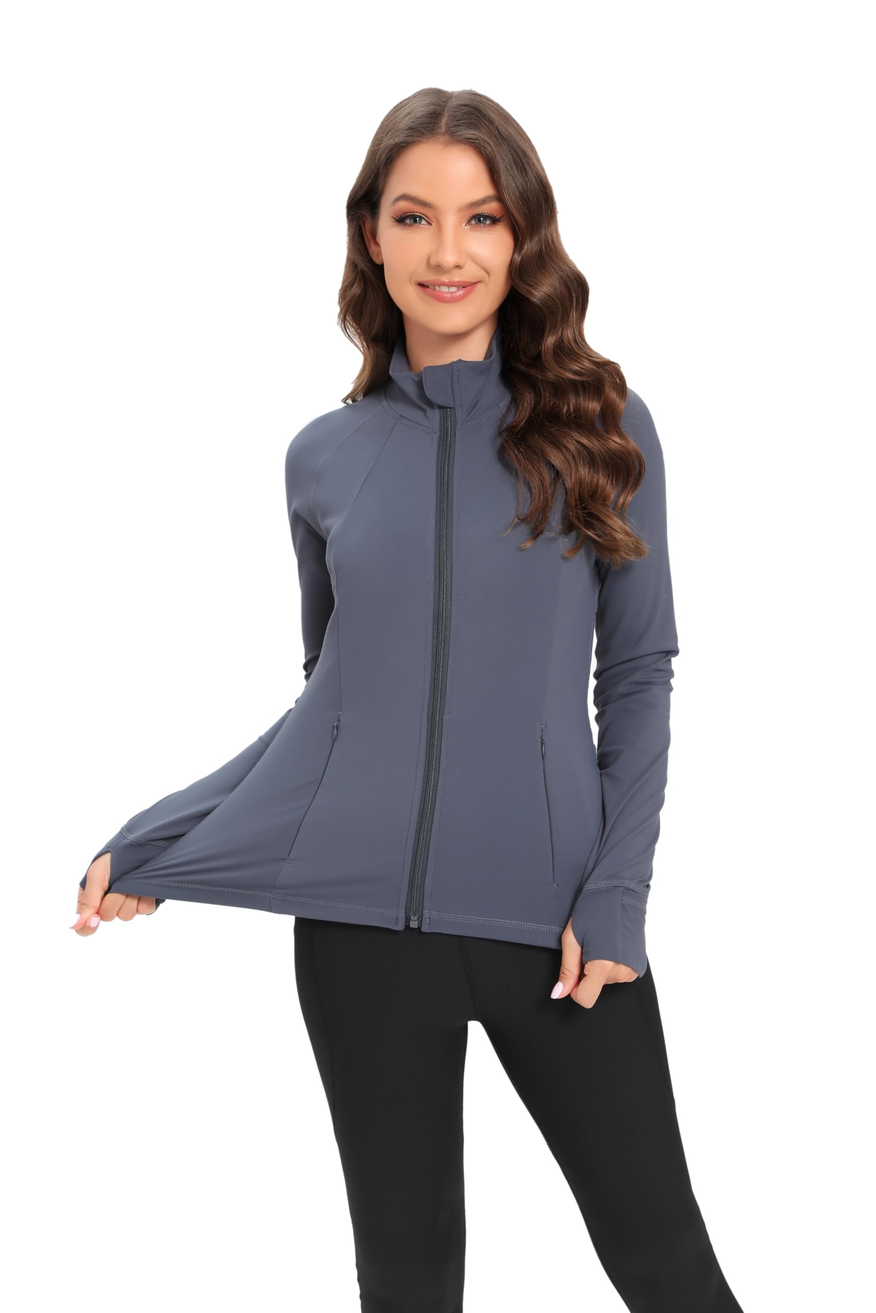 Chaqueta deportiva ligera con cremallera completa para mujer, ajuste delgado, para yoga, con agujeros para el pulgar - 5