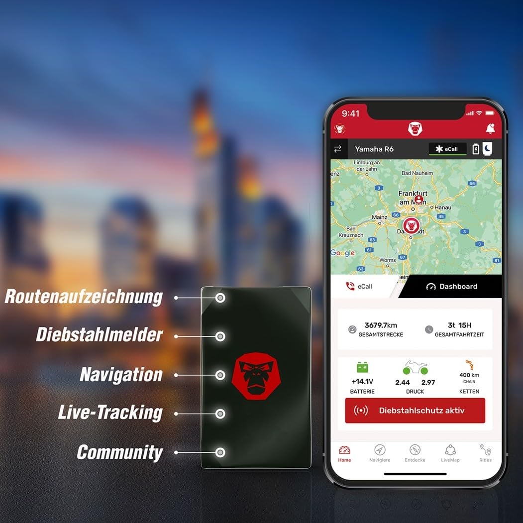 GPS Tracker Motorrad RideLink WingMan 4G | Live Tracking und Diebstahlmelder | Inklusive Motorrad Navigation, Routenplaner und Community | Robust, IP54 Wasserdicht und Staubdicht | made in Germany
