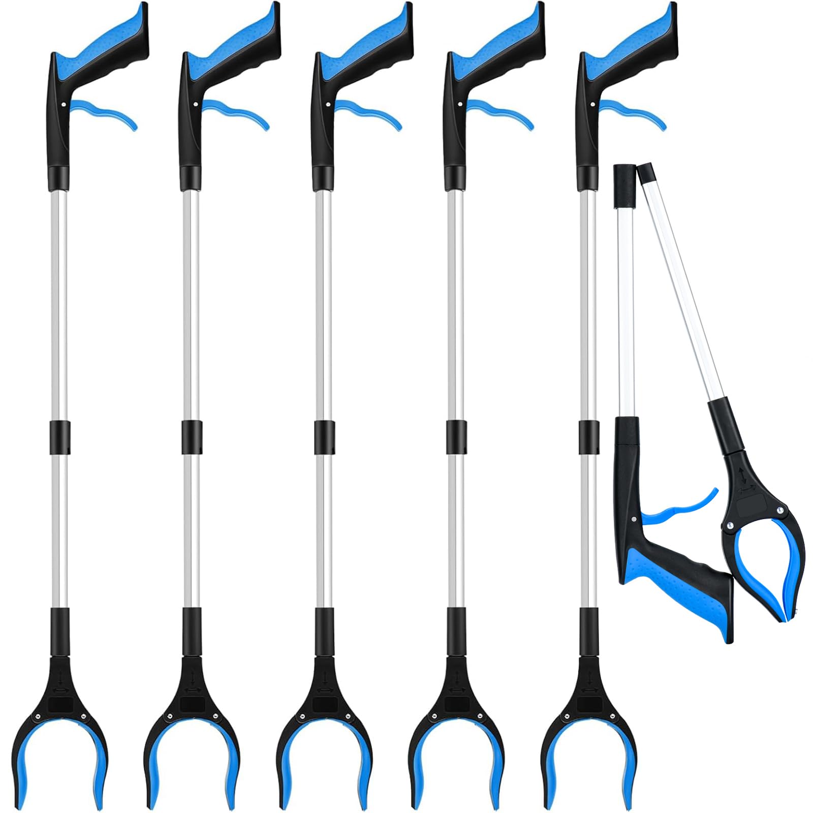 Greifhilfe, 81,3 cm, 360° drehbarer Kopf, breite Backe, faltbarer Greifer, Greifwerkzeug, rutschfest, 10,2 cm breite Klauenöffnung, Greifer für Senioren (blau), 6 Stück