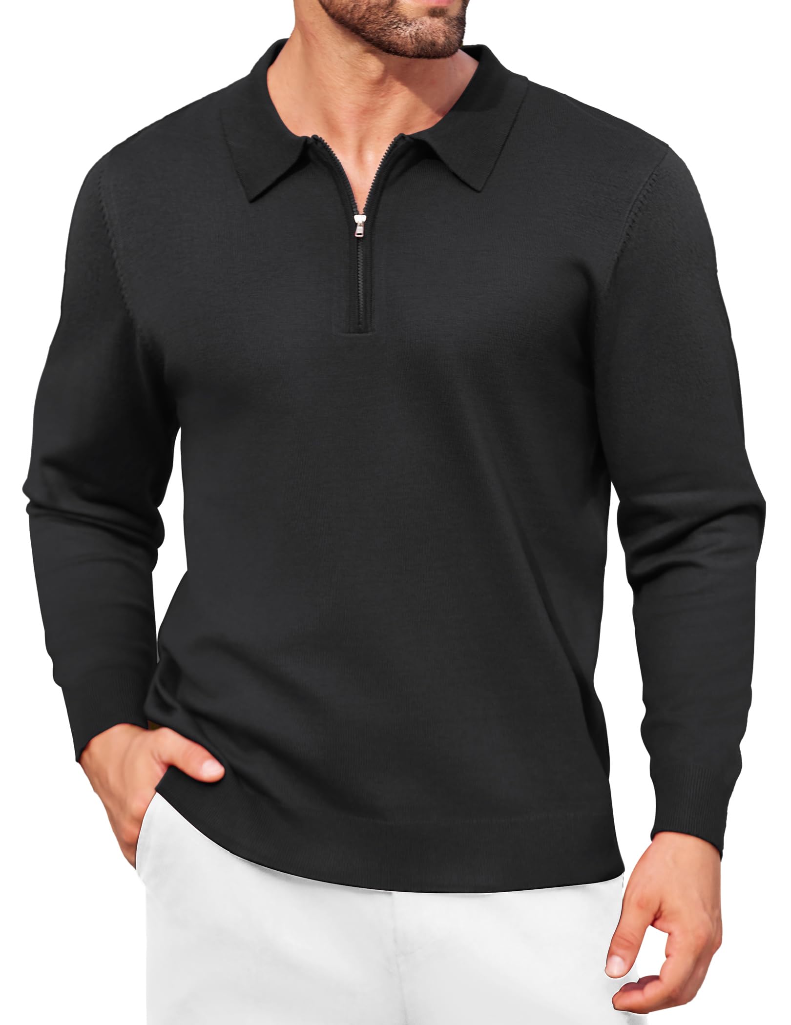 COOFANDY Mens Knit Polo Shirt Quarter Zip Slim Fit Pullover Long Sleeve Sweater Polo