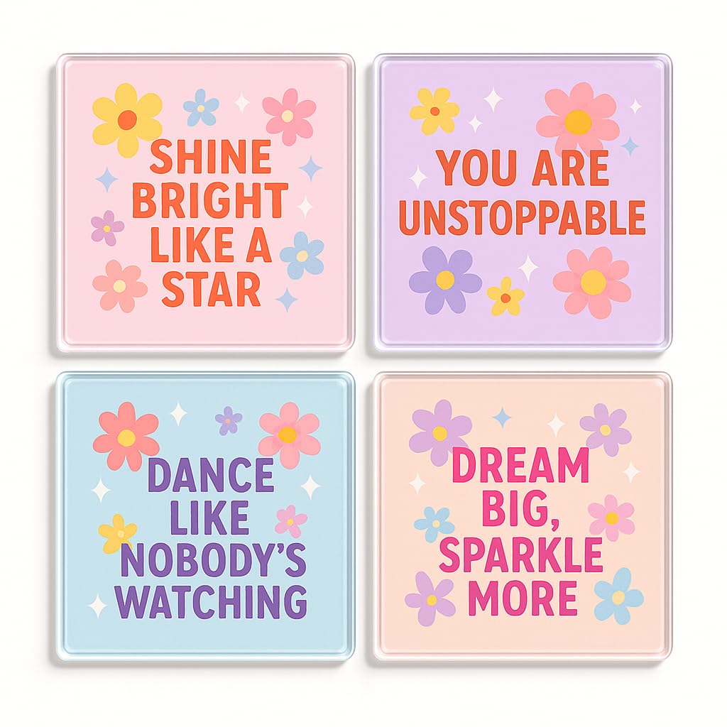 The Plum Penguin Floral Pop Vibes Acrylic Coaster Set Of 4 With - Inspirational Gen Z Quotes Drinkware For Tween & Teen Room Decor