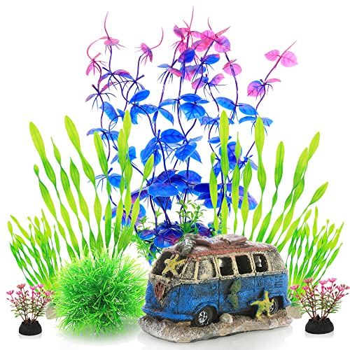 Alegi Fish Tank Decorations Plants With Resin Cave Rock View, Aquarium Decor Accessories Plastic Plants, Fish Cave And Hideout Ornaments (Purple Set) #TOP22