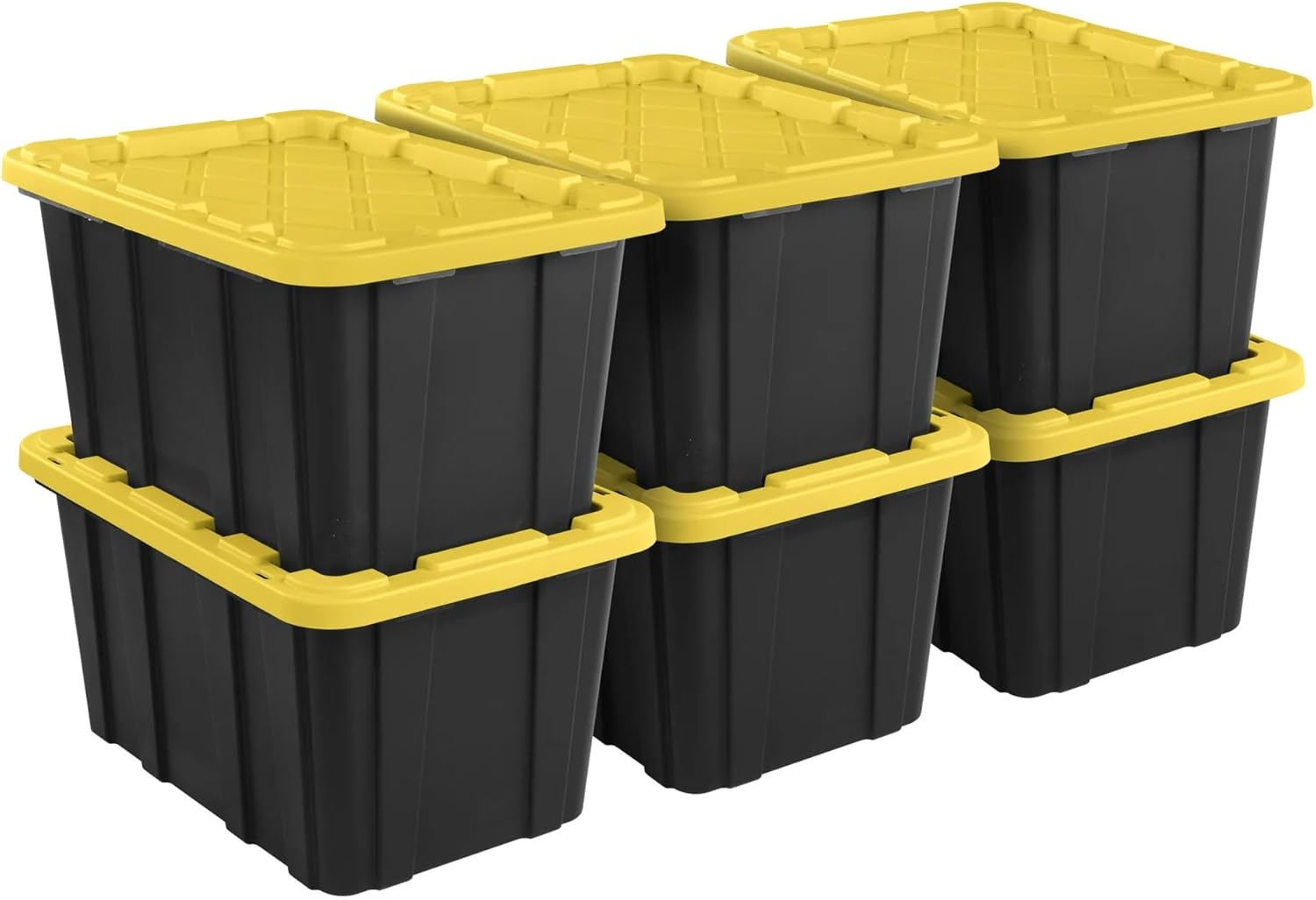 6-Pack 27-Gallon Industrial Totes - Rugged Black & Yellow Plastic Storage Bins with Secure Snap-On Lids, Stackable Design for Garage, Warehouse or Workshop Organization