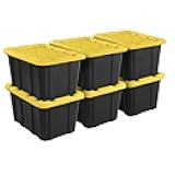 AIXISTL 6-Pack 27-Gallon Industrial Totes - Rugged Black & Yellow Plastic Storage Bins with Secure Snap-On Lids, Stackable Design for Garage, Warehouse or Workshop Organization