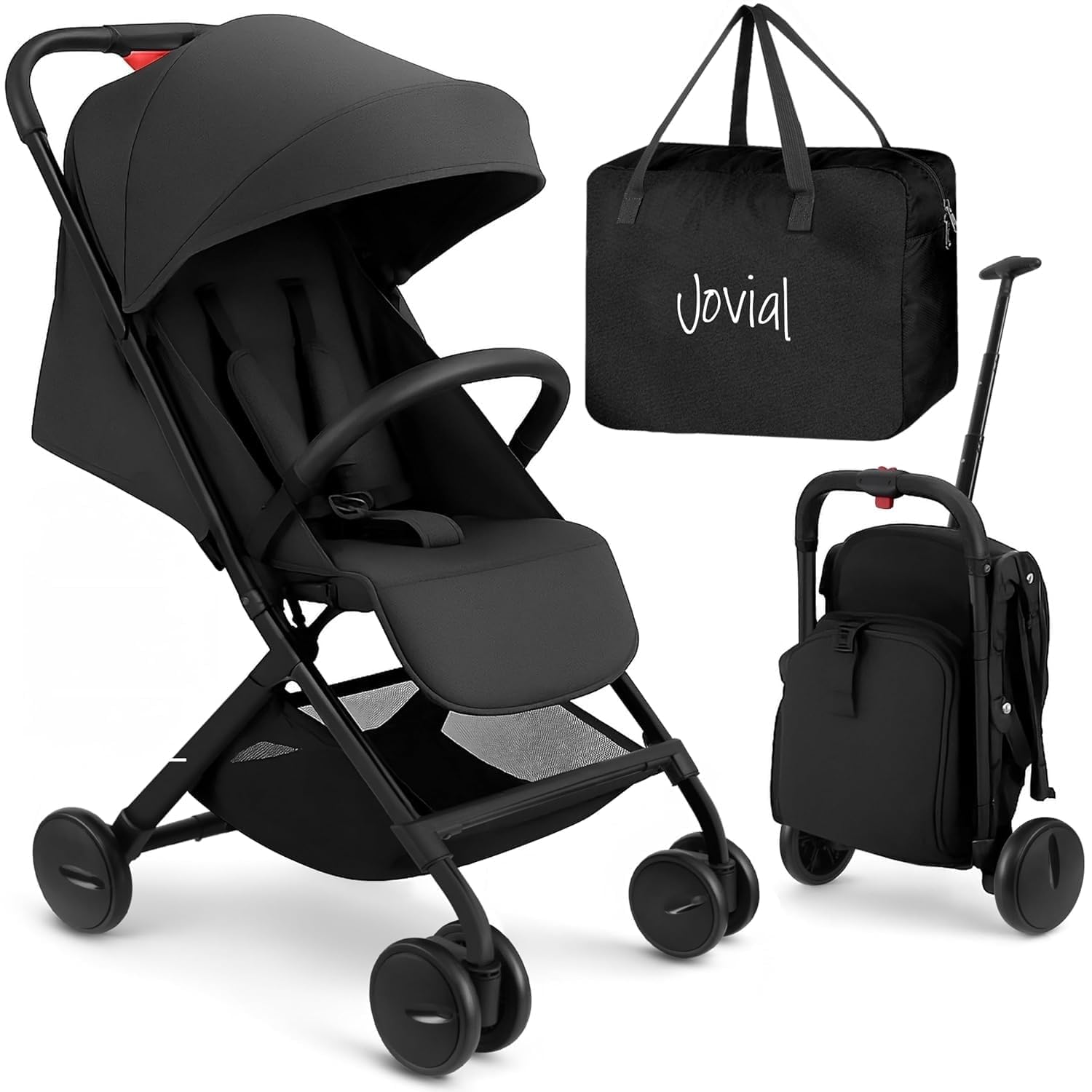 Portable Folding Lightweight Baby Stroller - Smallest Foldable Compact Stroller Airplane Travel,Compact Storage, 5-Point Safety, Easy 1 Hand Fold, Canopy Sun Shade, Storage Bag - Jovial JPC20BK