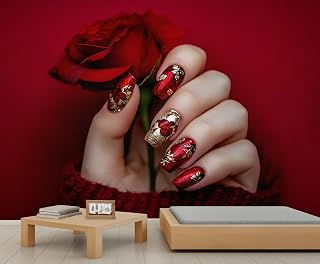 Glitter Nail Salon Wall Murals, Red Rose Murals for TV Background, Manicure Poster for Living Room, Nail Art Makeup Shop Wall Photo, Makeup Shop Home Decor & Gift - 169.3" W x 118.2" H
