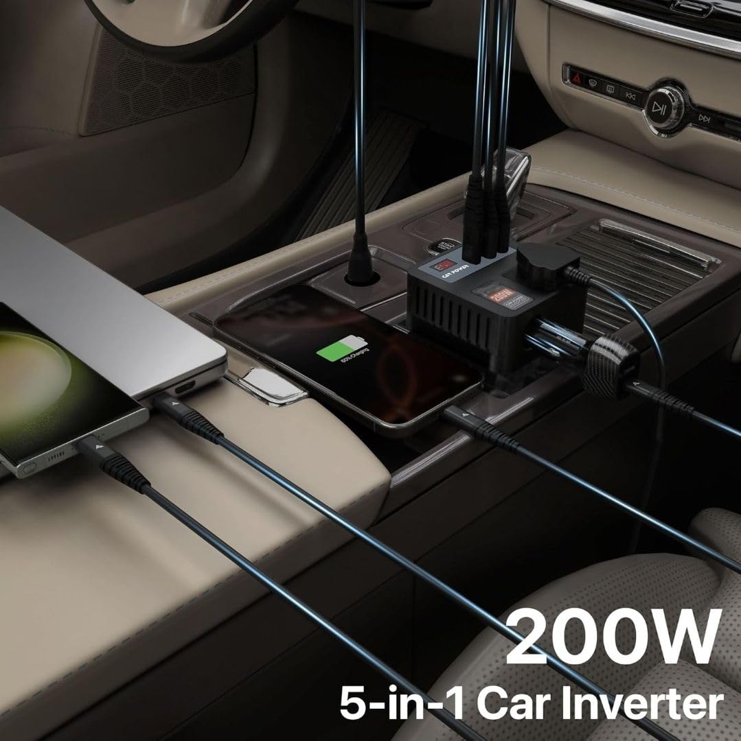 200W Car Power Inverter with 2 USB Ports (18W & 15W QC3.0), 1 USB-C 30W PD, 2 AC Universal Outlets, 12V DC to 220V AC Converter for Laptop, Phone, and Electronics Charging (Plug Car Charger) 26 618g6pZ46SL. SL1080
