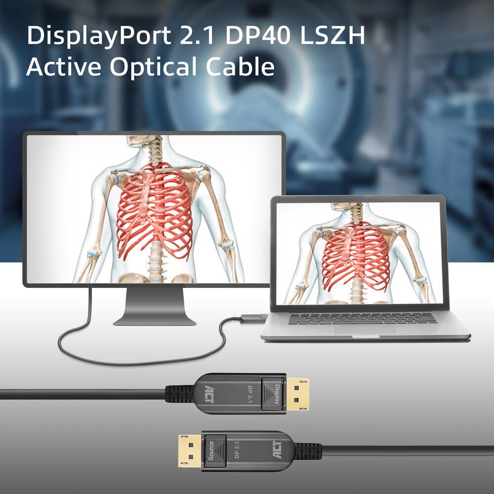 ACT Câble DisplayPort 2.1, 30 m, UHBR10 40 Gbps, prend en charge 8K @ 60Hz/4K@144Hz, LSZH (Low Smoke Zero Halogen), AOC (Active Optical Cable) Fibre optique et cuivre - AK4173