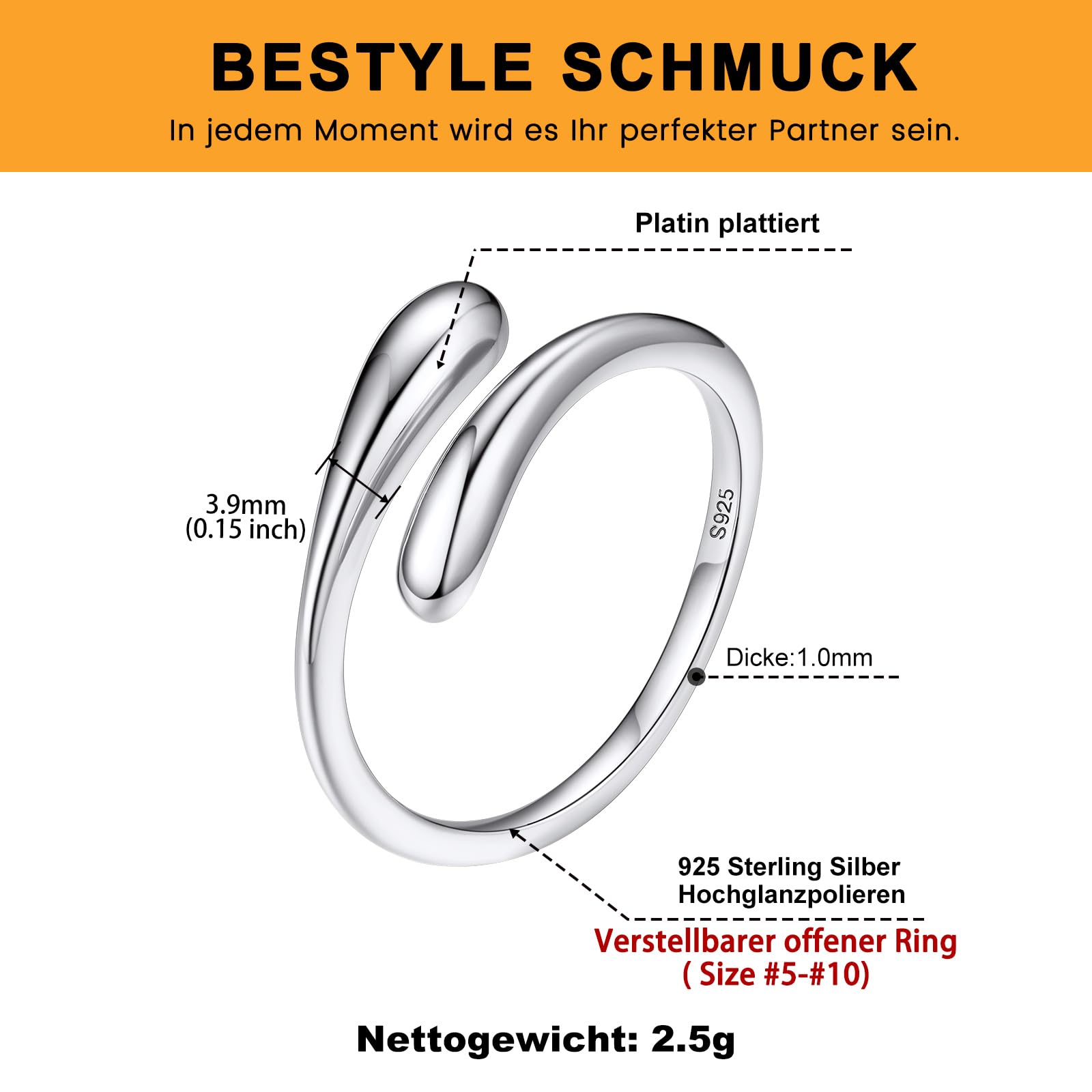 Bestyle Ring Sterling Silber 925 Damen: Verstellbare Ringe Frauen mit Geburtsstein Zirkonia Edelsteinen - Offen Damenring Verlobungsring Promise Ringe Anti Stress Ring für Damen Schmuck