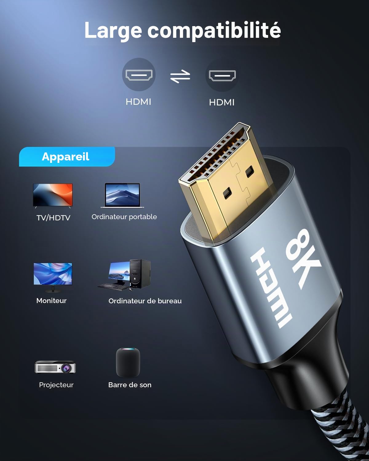 Câble HDMI 2.1 8K pour TV et Projecteur 15M 1 Pièce Gris