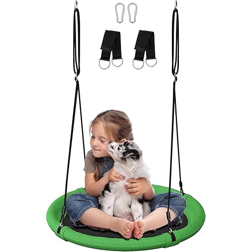 24 Inch Saucer Tree Swing Set for Kids & Adults, Adjustable Flying Swing Seat for Backyard or Outdoor Playground, Green & Black